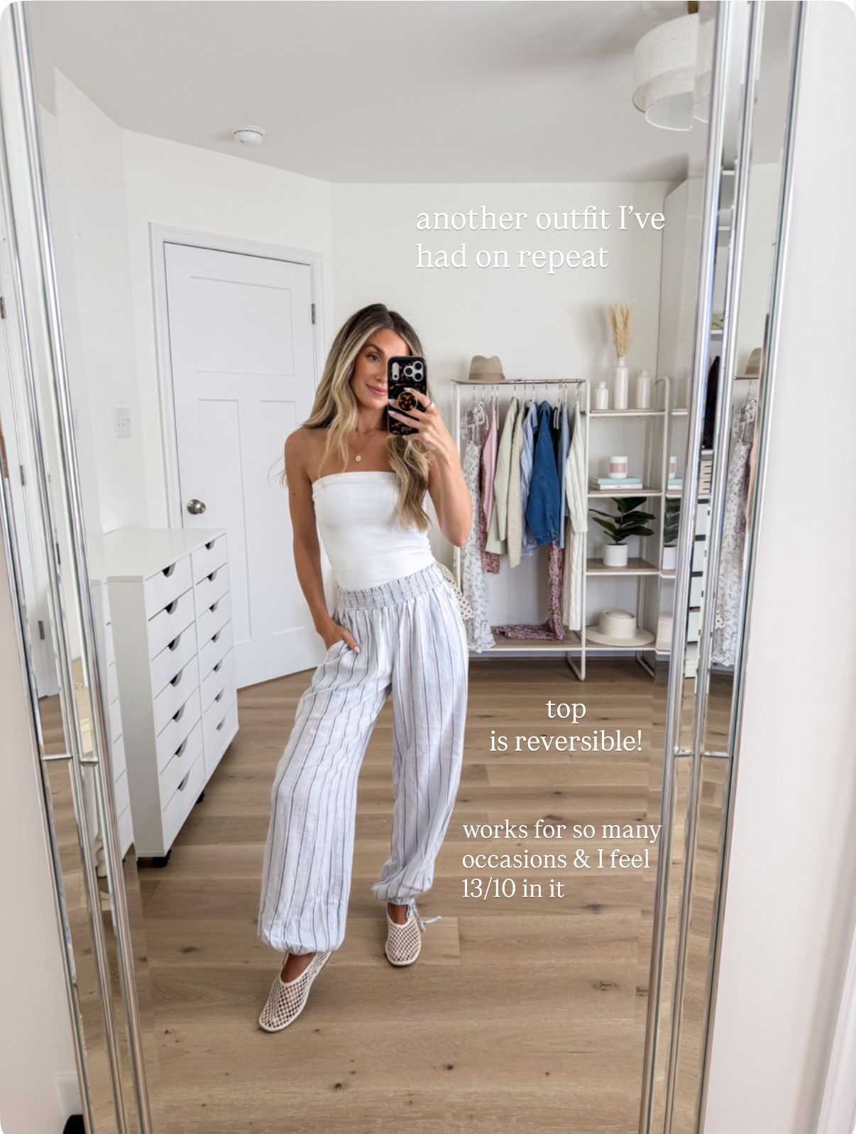 another spring outfit I’ve had on repeat! I LOVE these pants (and they have a matching top) and this tube top is reversible to a light blue. Size xxs in the pants and xs in the top  

#LTKMothersDay #LTKootd #LTKPetite