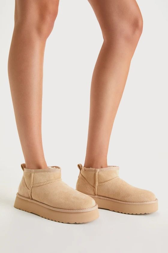 Breckenridge Natural Suede Faux Fur-Lined Platform Ankle Booties | Lulus (US)