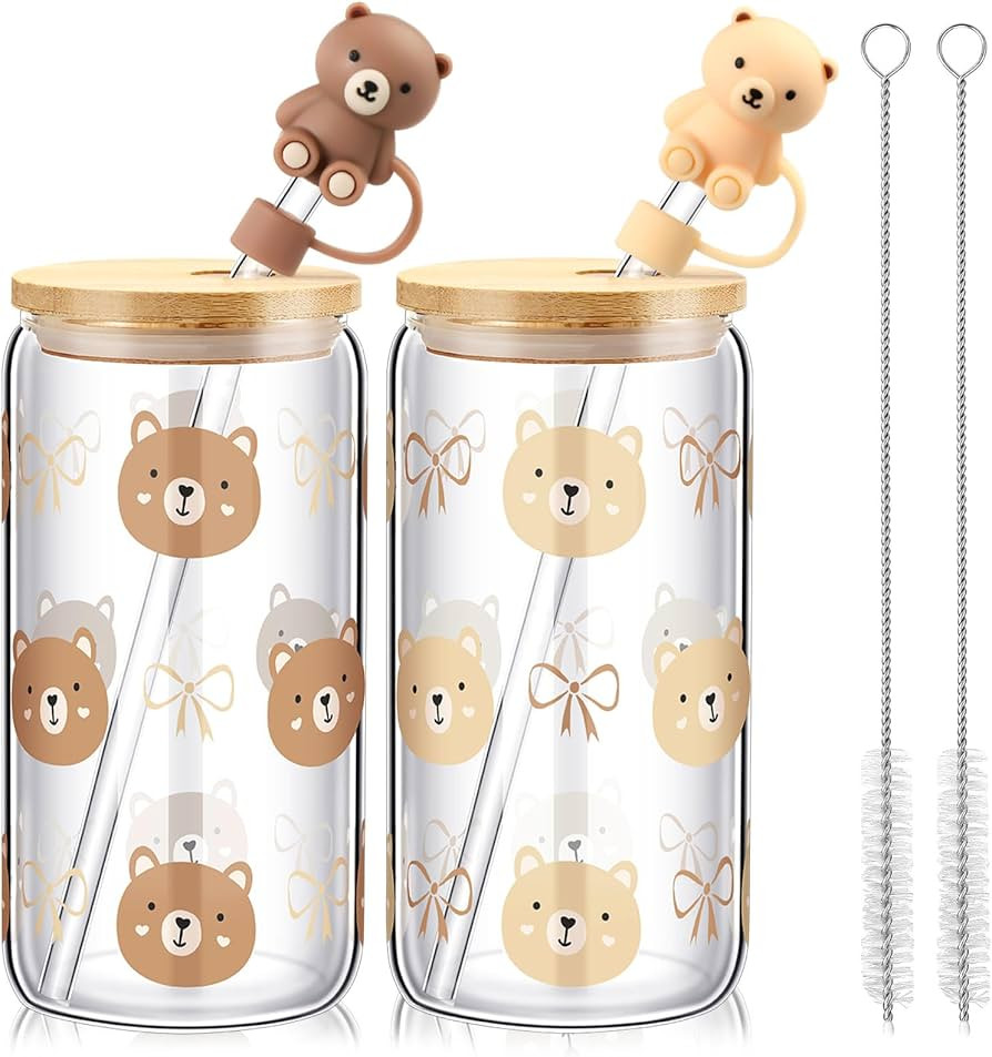 LemonRoad 2 Set Bear Glass Cups Include 16 oz Drinking Glasses Jar with Lid and Straw, Bear Straw... | Amazon (US)
