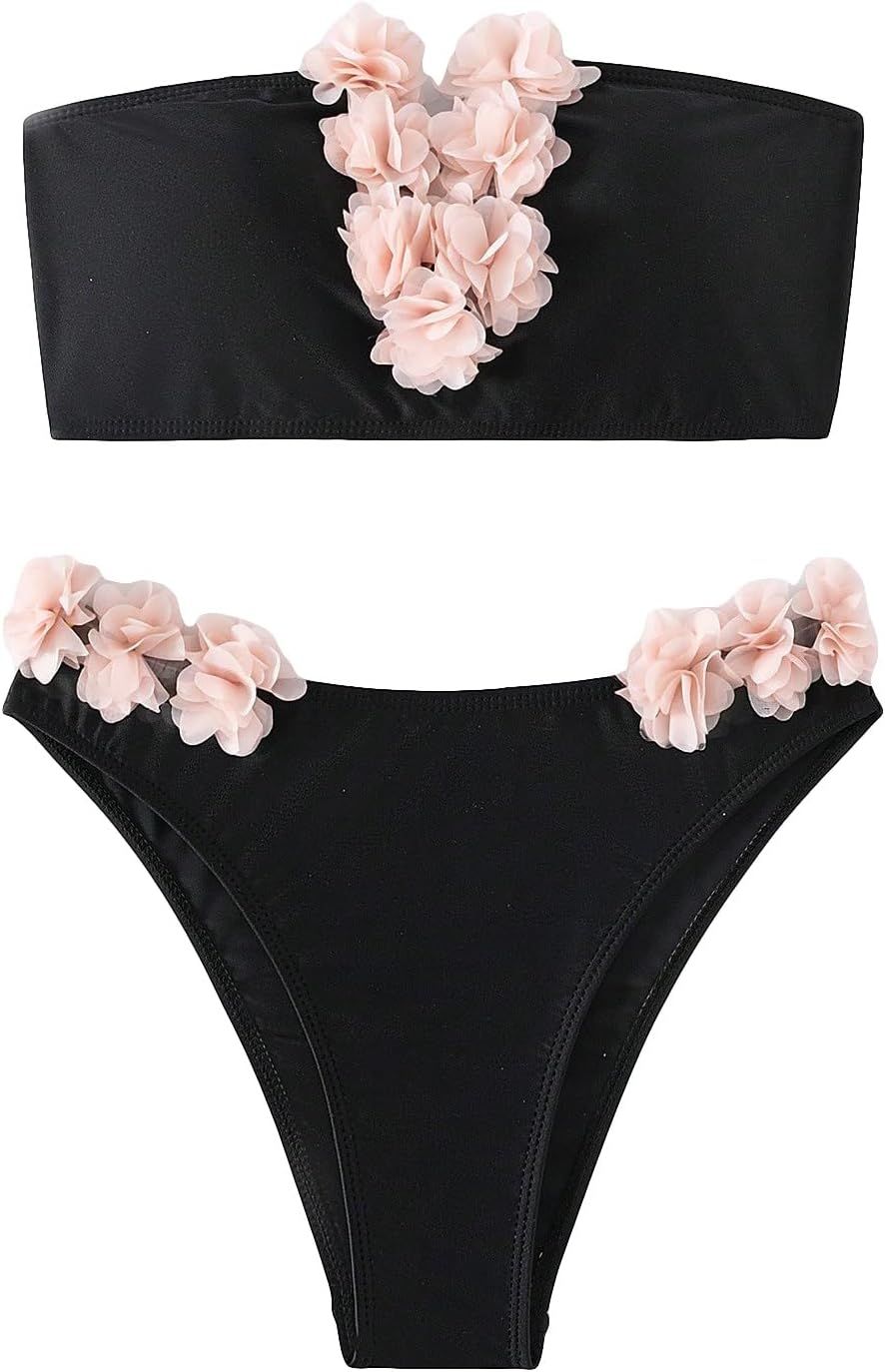 OYOANGLE Women's 2 Piece Floral Appliques Lace Up Bandeau Bikini Swimsuit Beachwear | Amazon (US)