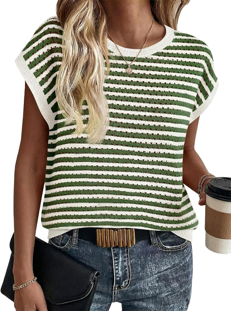 Saodimallsu Womens Short Sleeve Sweater Summer Striped Crochet Tops Casual Cap Sleeve Crewneck Kn... | Amazon (US)
