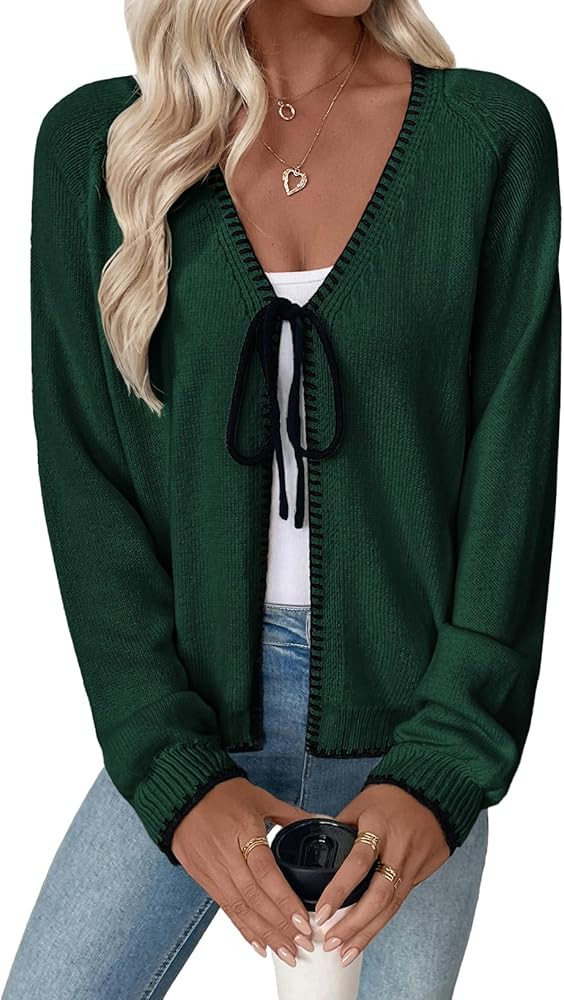 EVALESS Womens Cardigan Sweaters Trendy V Neck Long Sleeve Open Front Bow Tie Knit Chunky Lightwe... | Amazon (US)