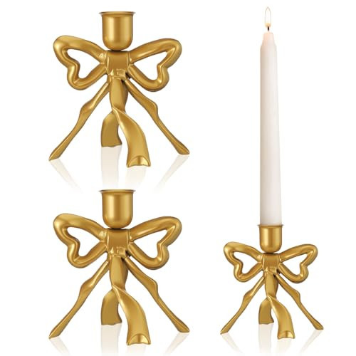 Mumufy 2 Pcs Gold Bow Taper Candle Holder Vintage Metal Candle Stick Holders Antique Brass Decorative Candlestick for Wedding Christmas Home Table Decor, 4.5" W x 4.3" H | Amazon (US)