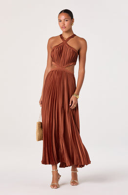 ASTR the Label | Vera Cutout High-Neck Satin Maxi Dress in Rust |  Size L | ASTR The Label (US)