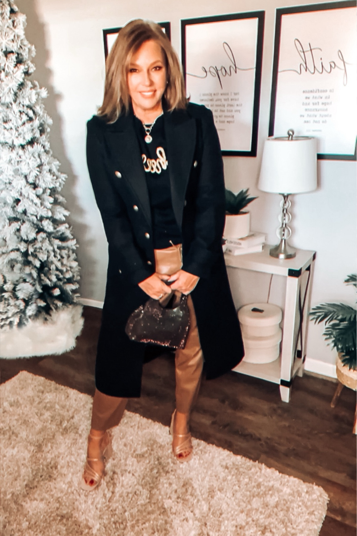 Faux leather slim pull on pants comes in petite, regular, and curvy. Fits TTS. Black wool coat from Express fits tts. Cheers 🥂 lightweight sweater matches pants perfectly!! 

DSW, express, Cato Fashions, target, holiday outfit, casual workwear, workwear, Christmas outfit, nye outfit, party outfit, heels, sale, deals, gifts for her, gift guide holiday, Christmas 

#LTKHoliday #LTKstyletip #LTKsalealert