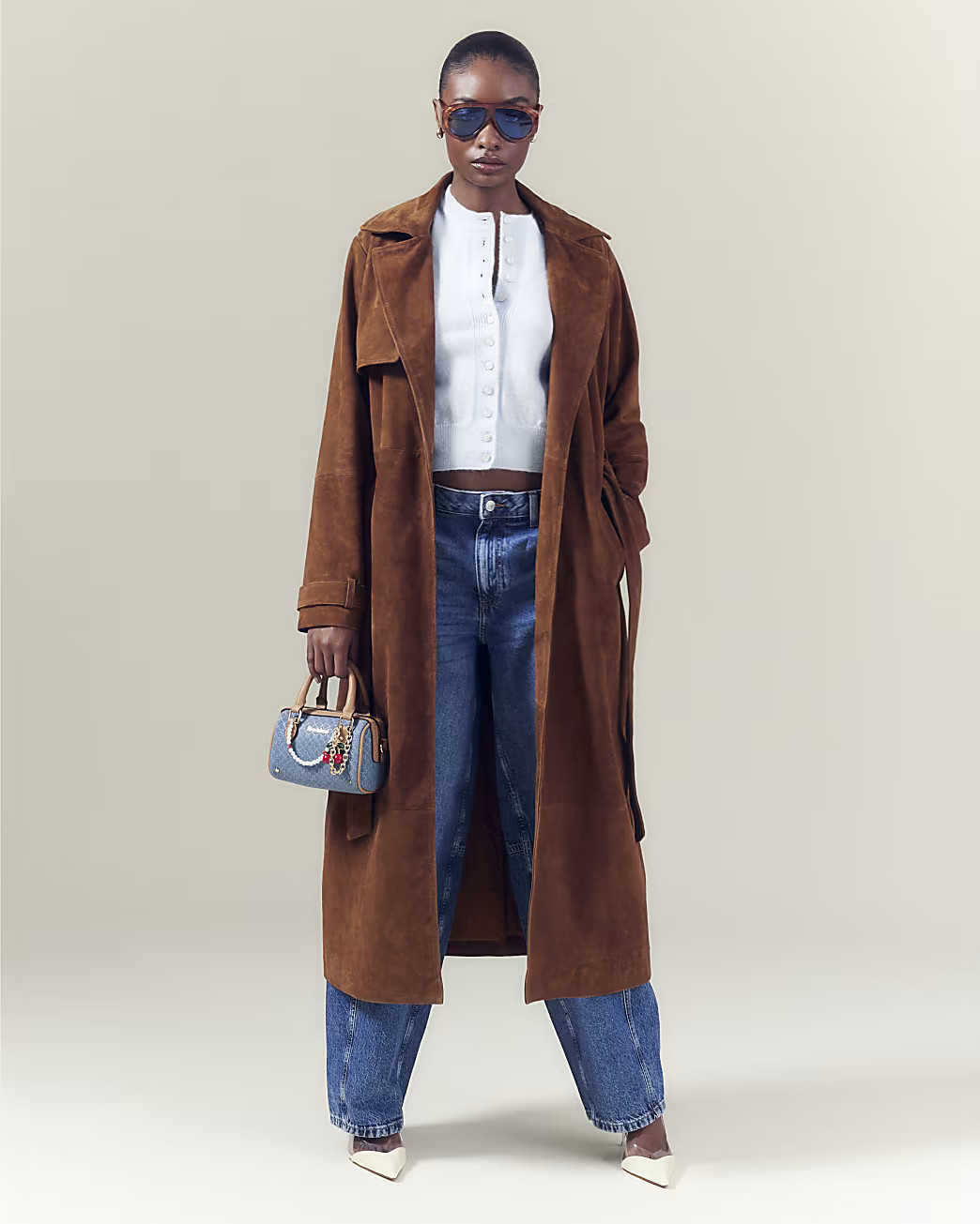 Brown Suede Trench Coat | River Island UK & IE