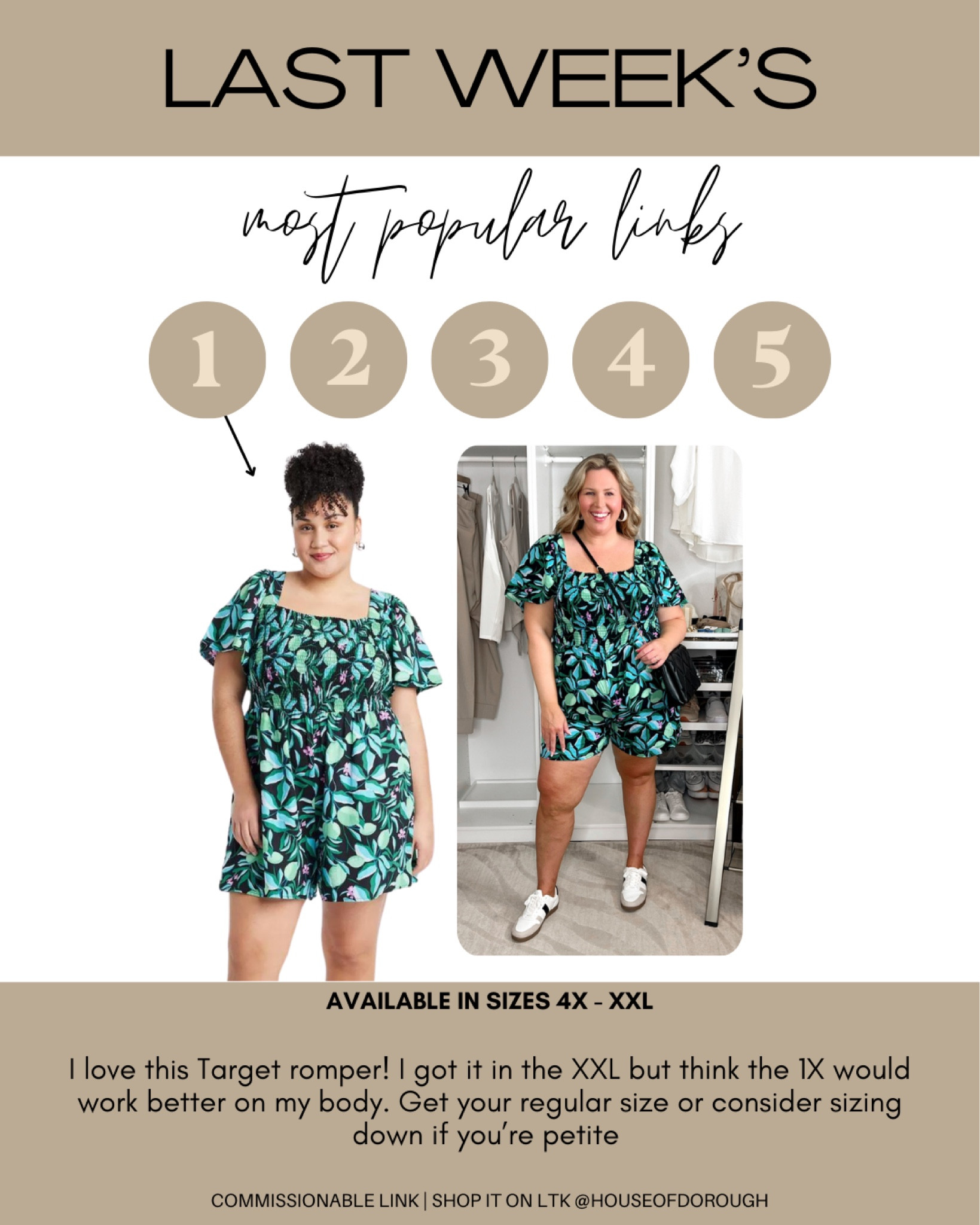 Last Week’s Most Popular Links!

I love this Target romper! I got it in the XXL but think the 1X would work better on my body. Get your regular size or consider sizing down if you’re petite

#LTKPlusSize #LTKSaleAlert #LTKSeasonal