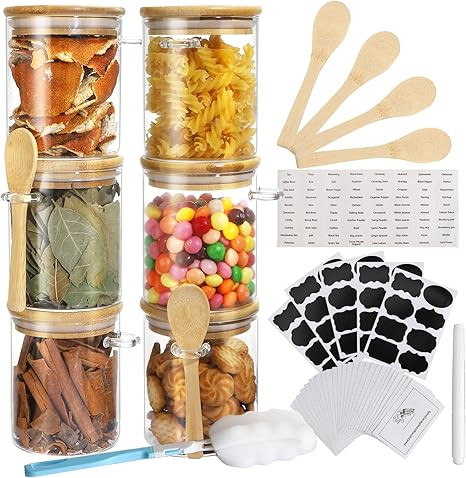 Set of 6 Spice Jars with Bamboo Lids, 16oz Glass Jars with Airtight Bamboo Lids & Bamboo Spoons L... | Amazon (US)