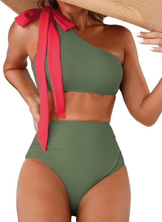 Herseas Women's One Bow Shoulder Bikini Sets 2 Piece Ruched Swimsuit Elegant Bathing Suit | Amazon (US)