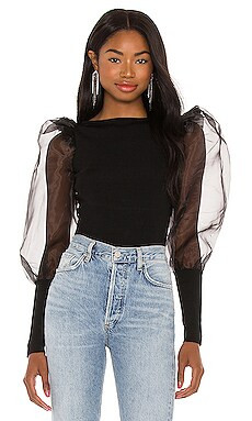 Alice + Olivia Abella Puff Sleeve Boatneck Top in Black & Black from Revolve.com | Revolve Clothing (Global)