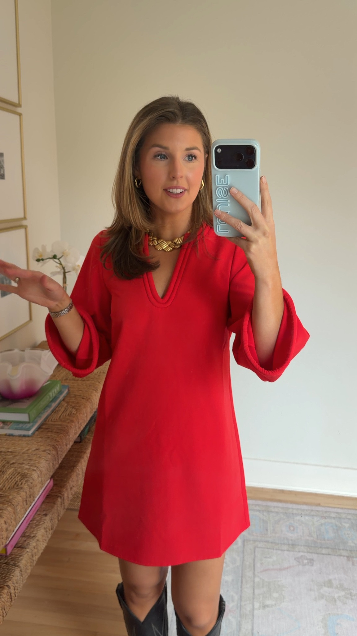 Red tunic dress for fall! Wearing an XXS