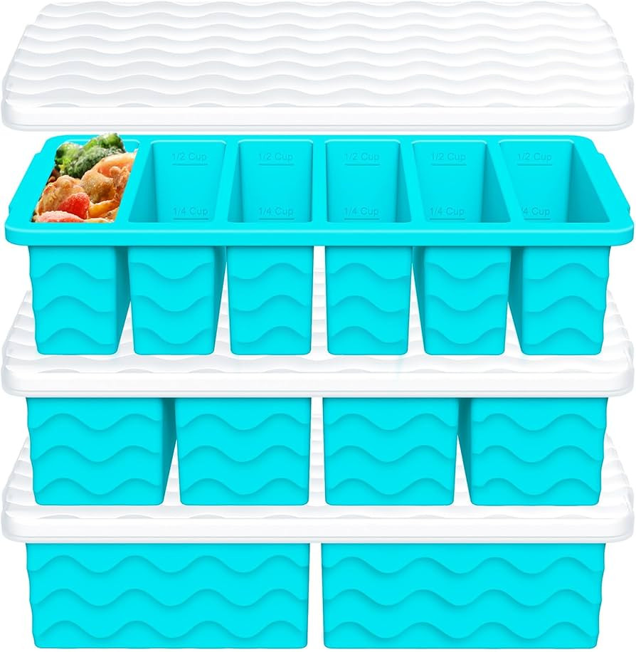 3-Pack Silicone Freezer Trays with Lid,2 Large 2-Cup(500ml)&4 Medium 1-Cup(125ml)&6 Small 1/2-Cup... | Amazon (US)