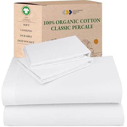 California Design Den King Size Sheets Set - Soft 100% Organic Cotton, Crisp Percale Sheets with Deep Pockets, Breathable and Durable Bedding Set - White | Amazon (US)