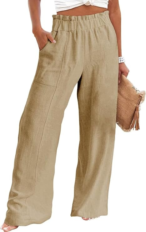 Acelitt Women Casual Elastic Waist Loose Paper Bag Linen Pants with Pockets, S-2XL | Amazon (US)