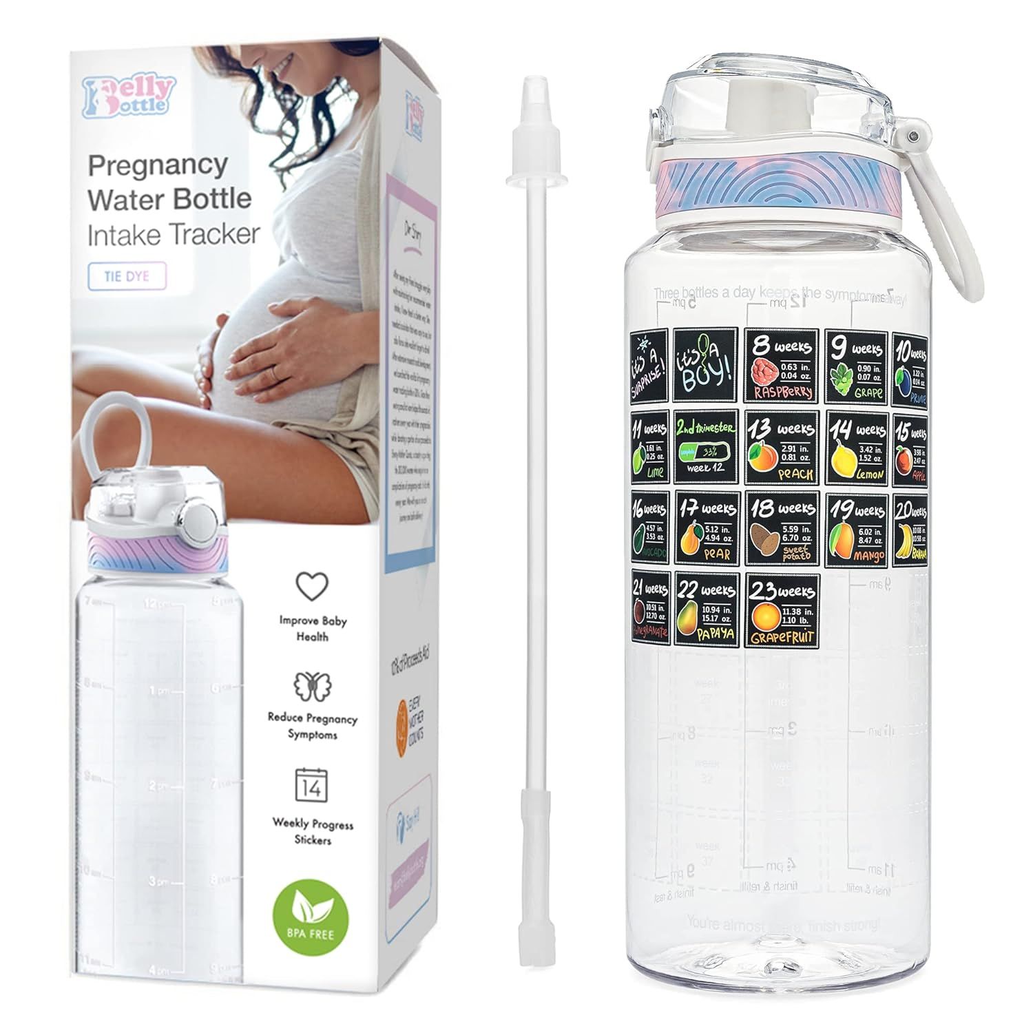 BellyBottle Pregnancy Water Bottle Intake Tracker with Weekly Milestone Stickers + Straw (BPA-Fre... | Amazon (US)