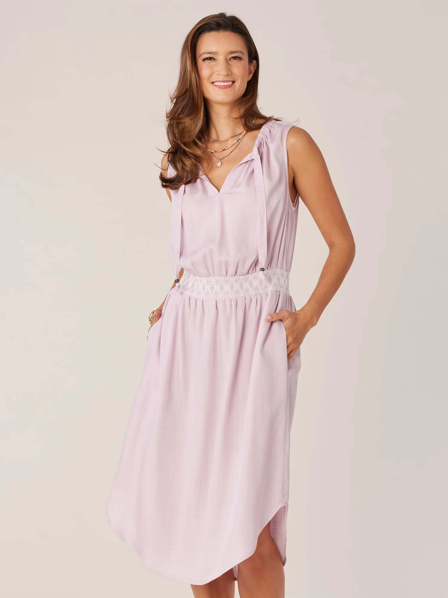 Sleeveless Ruched Casing Neck Embroidered Smocked Waist Woven Dress | Democracy Clothing