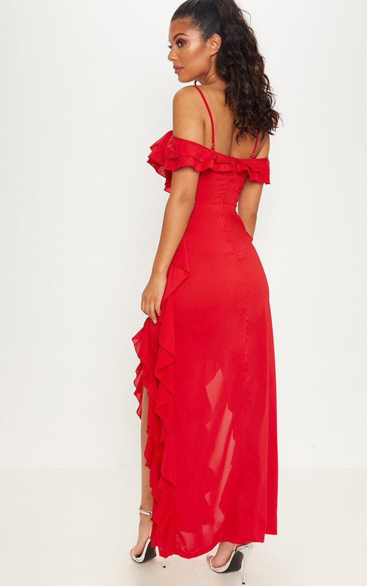 Red Cold Shoulder Ruffle Detail Maxi Dress | PrettyLittleThing US