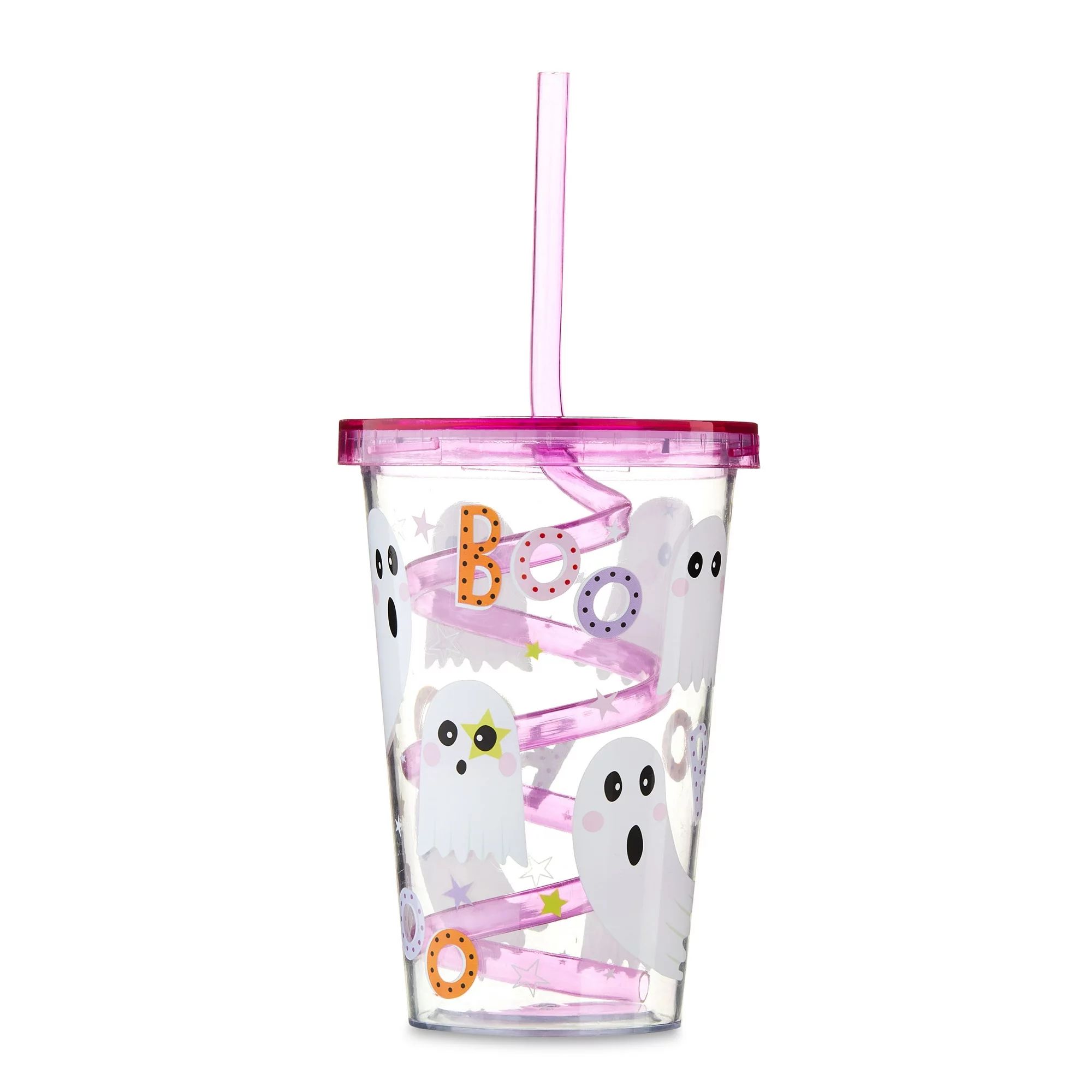 Halloween Plastic Tumbler with Curly Straw with Pink Lid, Ghost, Way to Celebrate | Walmart (US)