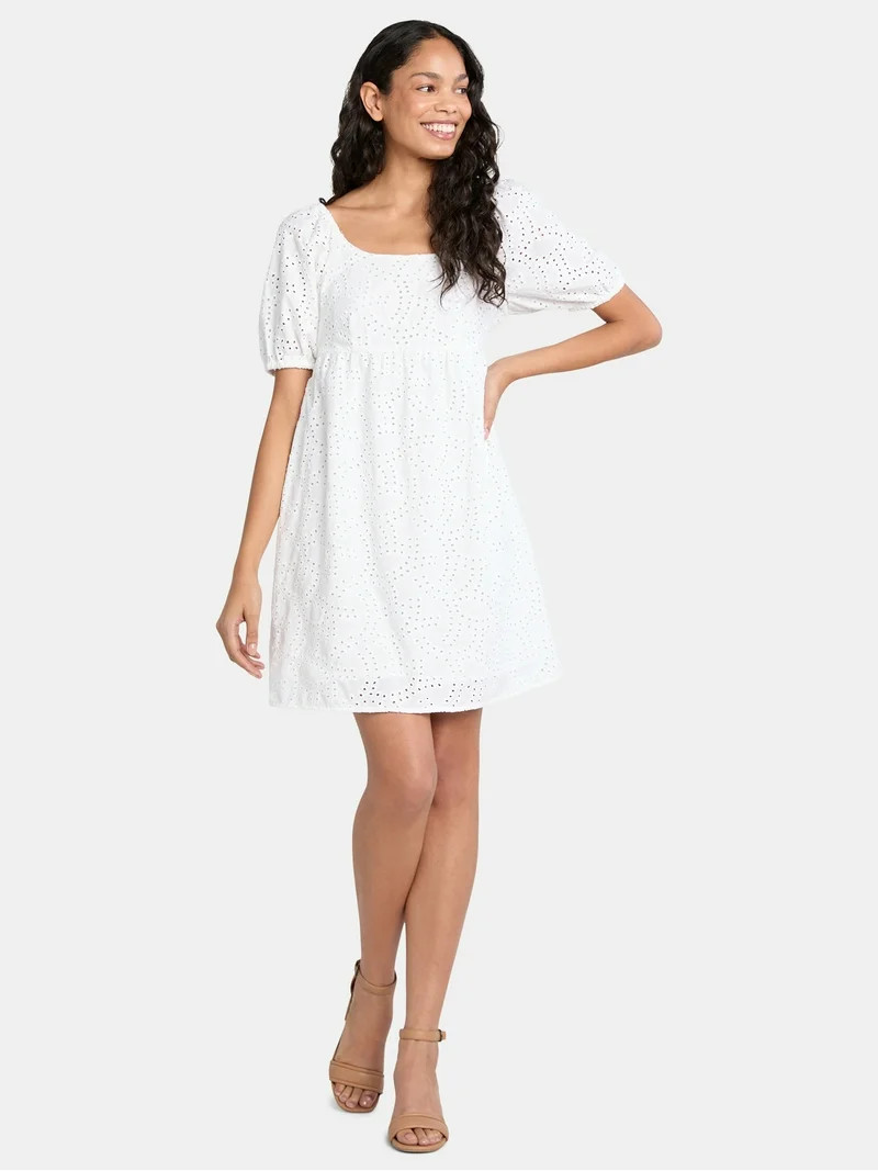 Time and Tru Women's and Women's Plus Eyelet Mini Dress with Puff Sleeves, Sizes XS-4X | Walmart (US)