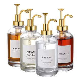 4-Pack 16.9 oz. Coffee Syrup Dispenser Syrup Dispenser with Labels Coffee Bar with Gold Pump | The Home Depot