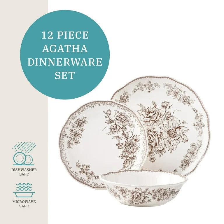 The Pioneer Woman Agatha 12-Piece Stoneware Dinnerware Set, Brown | Walmart (US)