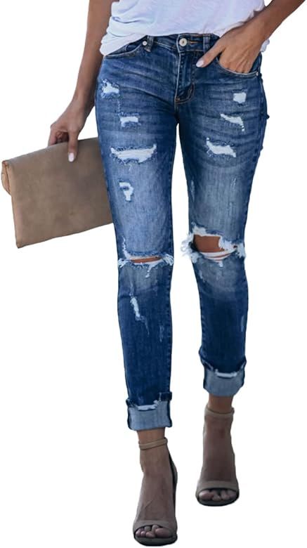Allimy Women's High Rise Skinny Stretch Ripped Jeans High Waisted Destroyed Denim Pants | Amazon (US)