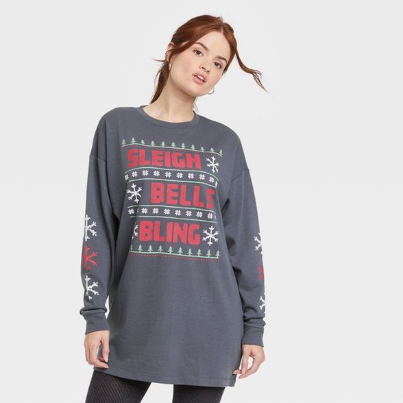 Women's Holiday Sleigh Bells Bling Long Sleeve Graphic Sweatshirt Dress - Dark Gray | Target