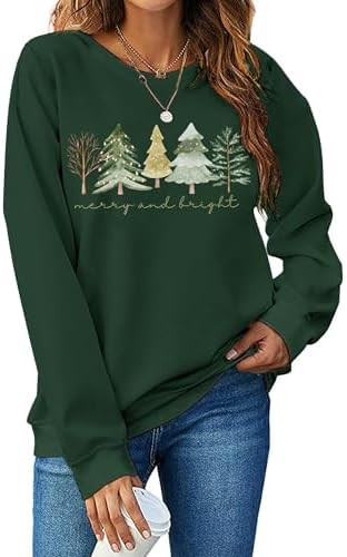 Christmas Sweatshirts Women: Merry and Bright Shirts Christmas Tree Graphic Long Sleeve Shirt Xma... | Amazon (US)