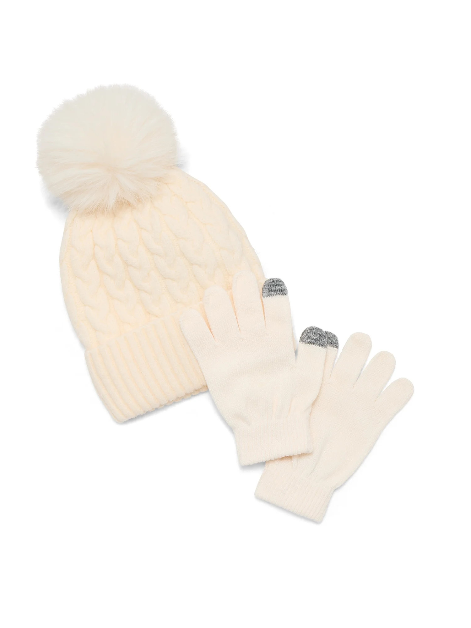 Wonder Nation Girls Cable Knit Faux Fur Beanie and Gloves Set, 2-Piece, One Size | Walmart (US)