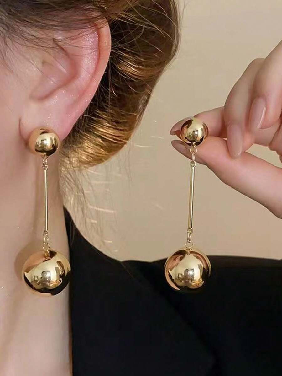 1pair European & American Style Metallic Statement Long Tassel Earrings With Big Ball Design, Fas... | SHEIN