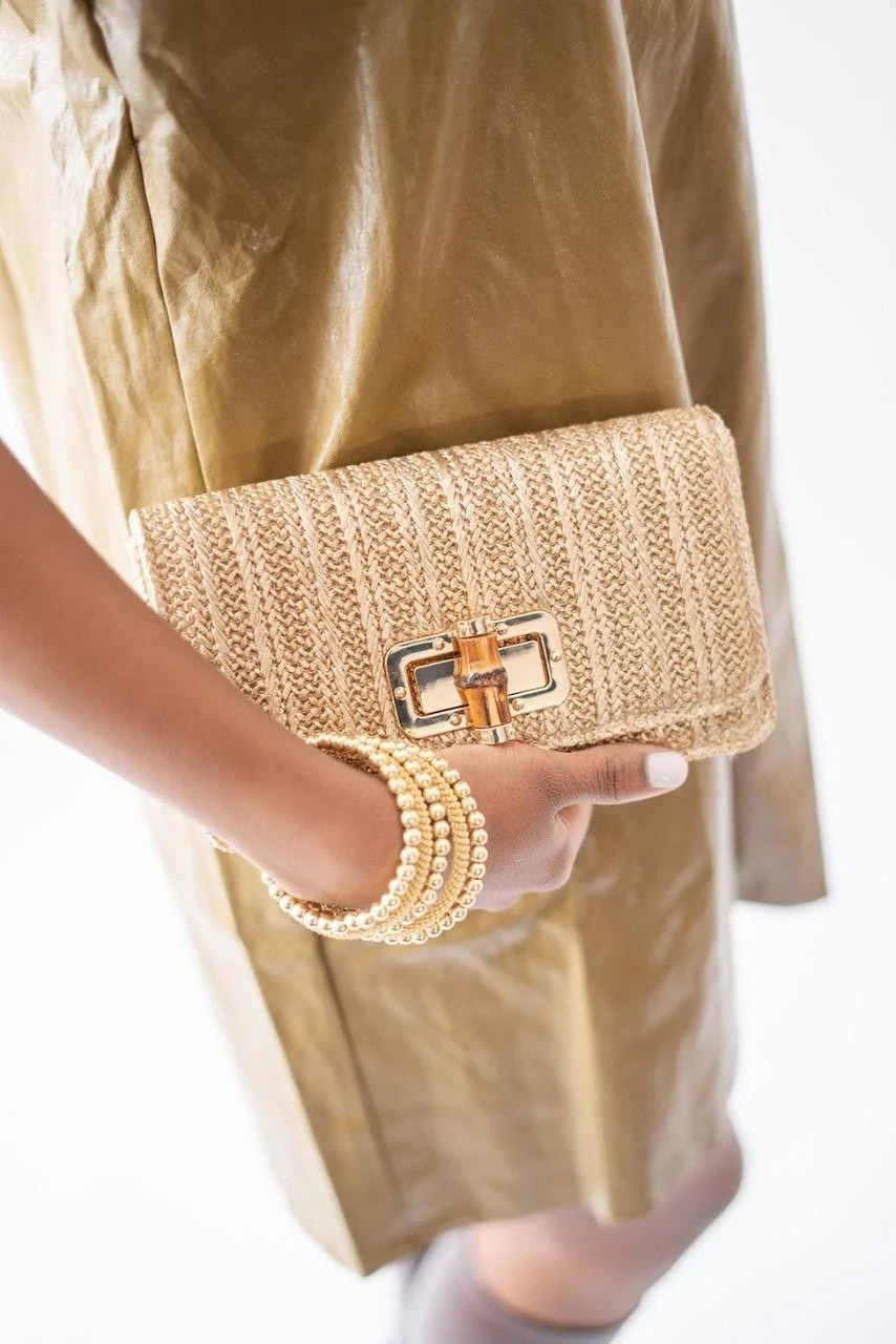 Lilly - Gold Woven Straw Clutch - Bamboo Toggle | Lisi Lerch Inc