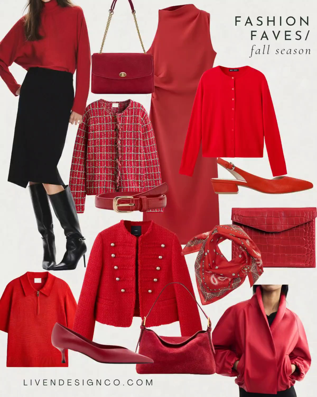 Fall fashion. Red fashion. Womens style. Style inspiration. Red sweater. Bandana. Red ballet flats. Red kitten heels. Red clutch. Red jacket. Bomber. Red cardigan. Tweed jacket. Lady cardigan. Asymmetrical dress. Military style jacket. Scarf. Sweater knit top

#LTKSeasonal #LTKSaleAlert