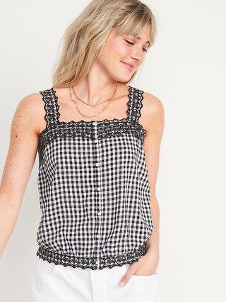 Sleeveless Embroidered Gingham Button-Down Cropped Blouse for Women | Old Navy (US)