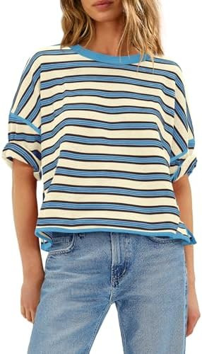 Yanekop Womens Oversized Shirts Striped Half Sleeve Tops Casual T Shirts | Crew Neck Short Sleeve... | Amazon (US)