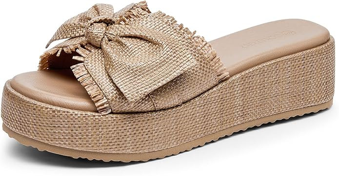 Coutgo Womens Platform Wedge Sandals Bow Open Toe Slide Sandals Straw Slip On Summer Beach Shoes | Amazon (US)