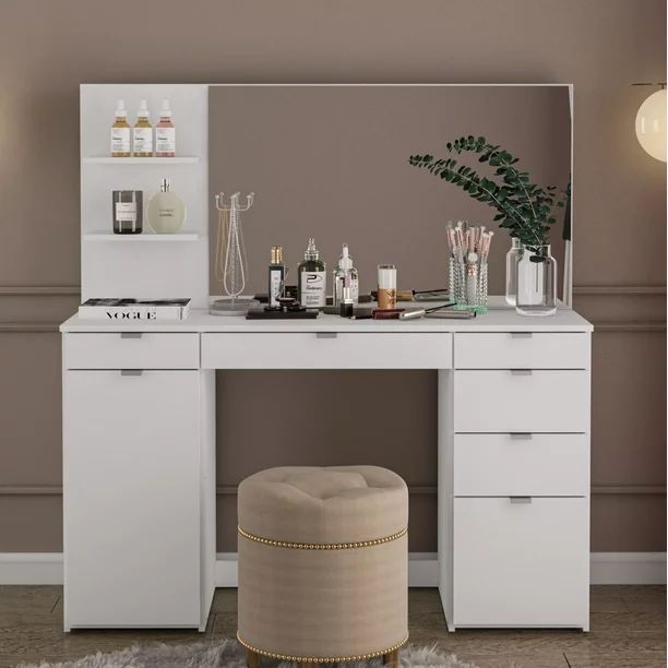 Polifurniture Amelia Modern Bedroom Vanity Table with Mirror, White Finish - Walmart.com | Walmart (US)