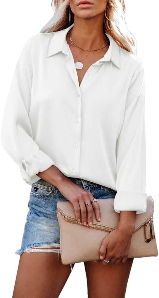 HOTOUCH Women Chiffon Button Down Shirts Long Sleeve Office Blouses Casual Business Work Tops Col... | Amazon (US)