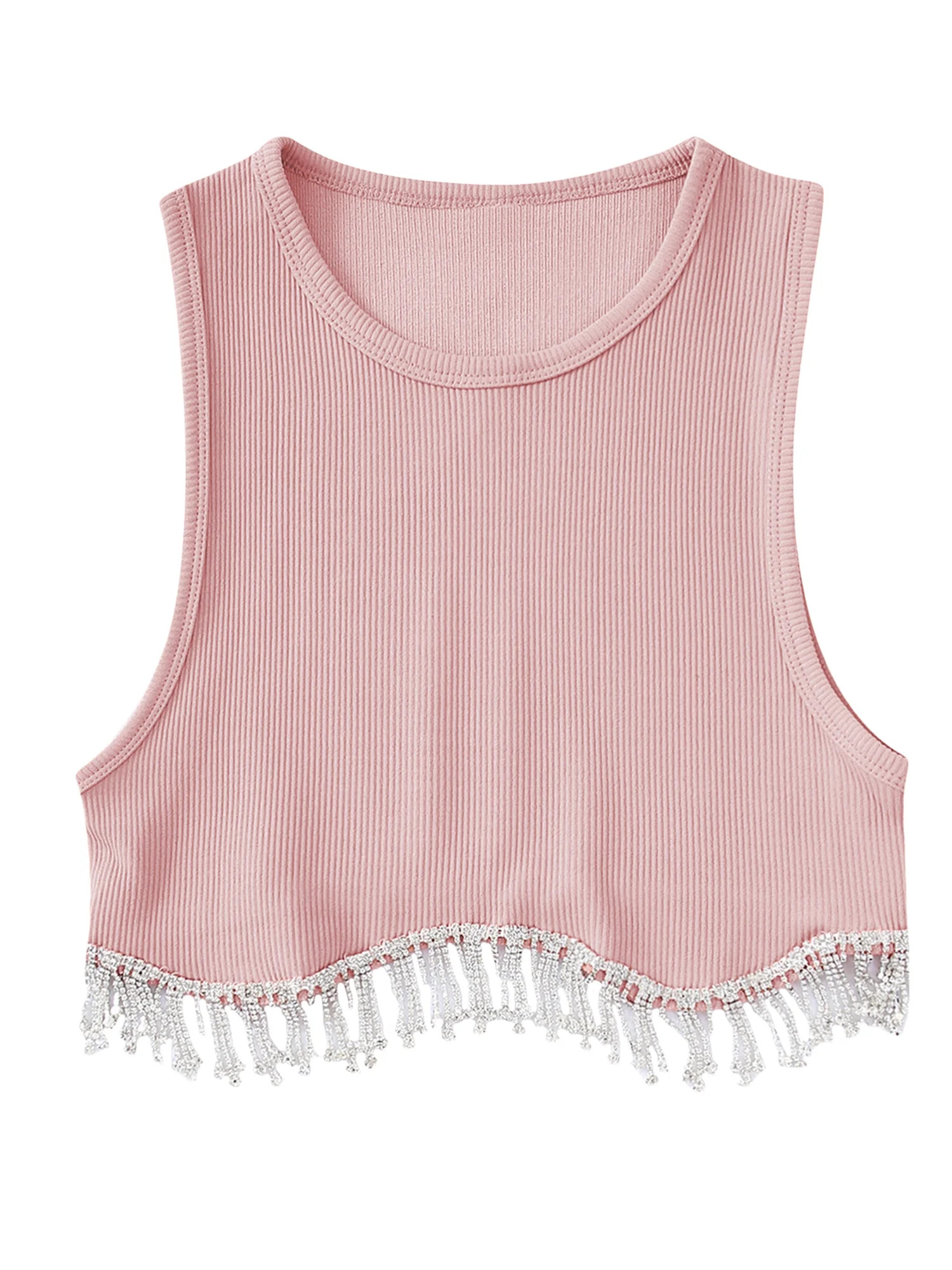 Blotona Women Rhinestone Fringe Crop Tank Tops Sexy Sleeveless Crew Neck Ribbed Knit Vest Tops | Walmart (US)