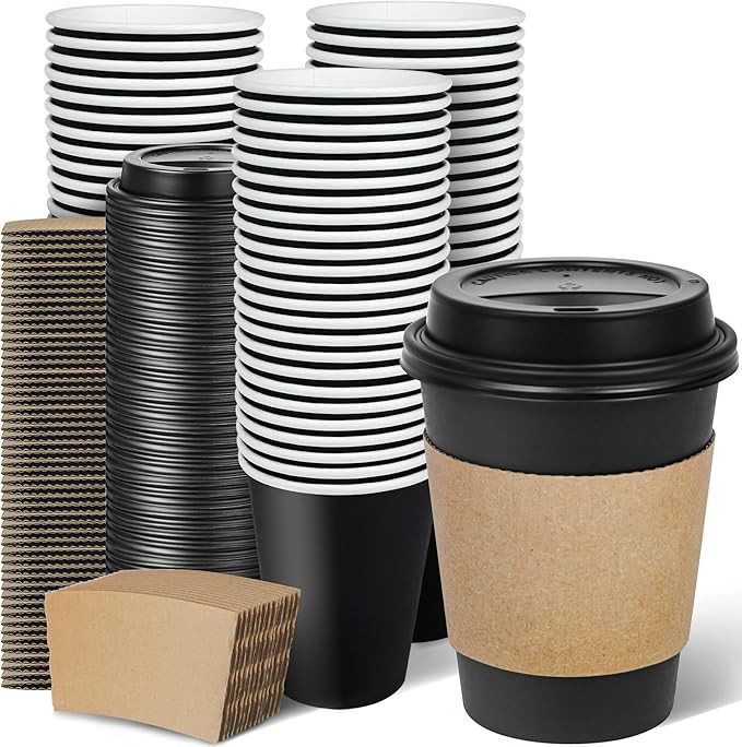 Ginkgo 100 Pack 12 oz Disposable Coffee Cups with Lids and Sleeves, To Go Leak-Proof Black Paper ... | Amazon (US)