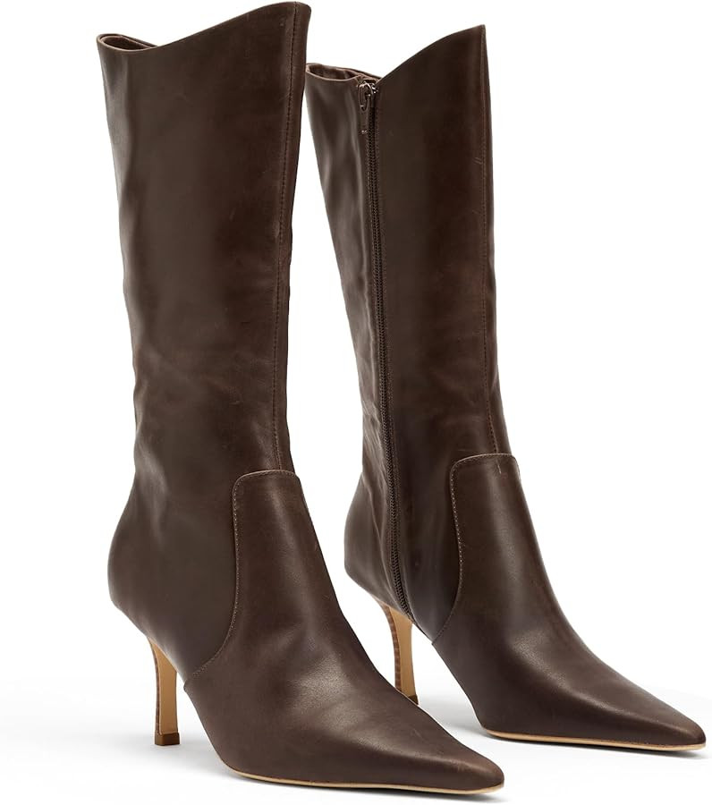Coutgo Womens Pointed Toe Mid Calf Boots High Heel Long Boots Side Zipper Fall Winter Dress Shoes | Amazon (US)