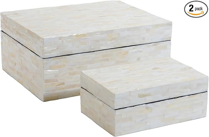 PEMAR Set of 2 Mother of Pearl Decorative Boxes w Lids, Handmade Mosaic Keepsake Jewelry Box Rect... | Amazon (US)