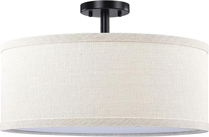Dolaimi House 18" Off White Linen Fabric Drum Shade semi Flush Mount Ceiling Light Black Finish,K... | Amazon (US)