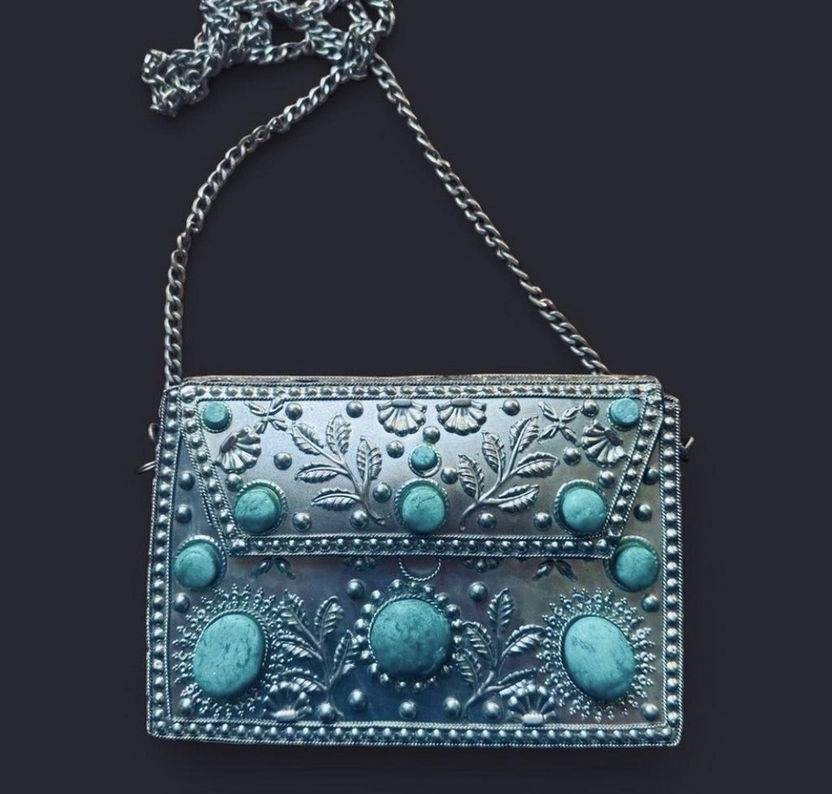 Rare Sam Edelman Silver Metal Clutch with Turquoise Stones and Chain Strap | eBay US