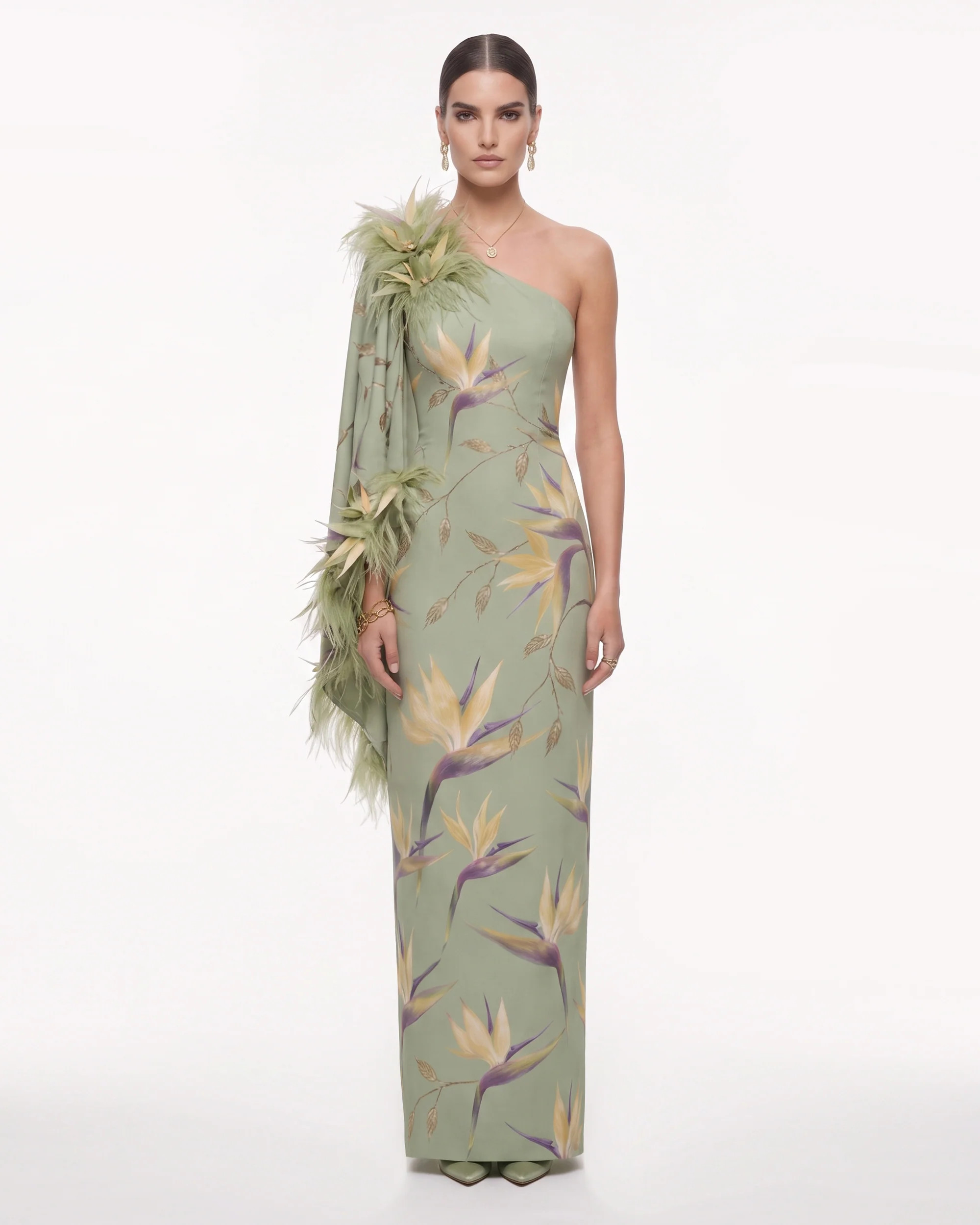 Bird of Paradise Feather-Trim One-Shoulder Maxi Dress - Green | JW PEI US