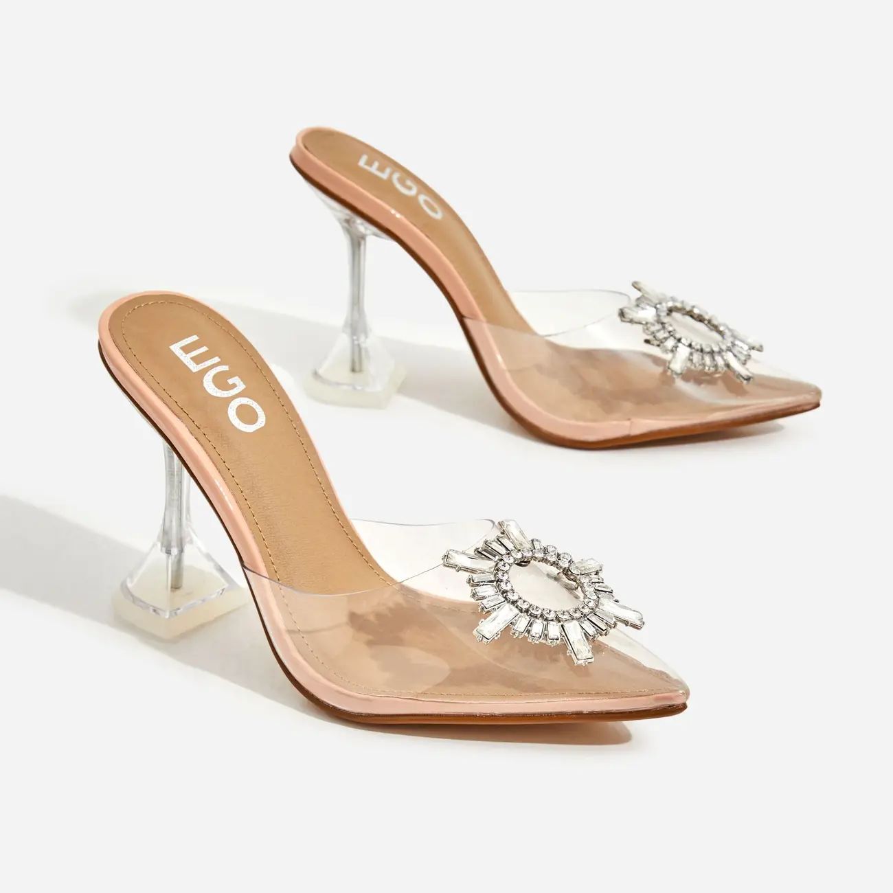Midnight Diamante Detail Perspex Clear Heel Mule In Nude Patent | EGO Shoes (US & Canada)
