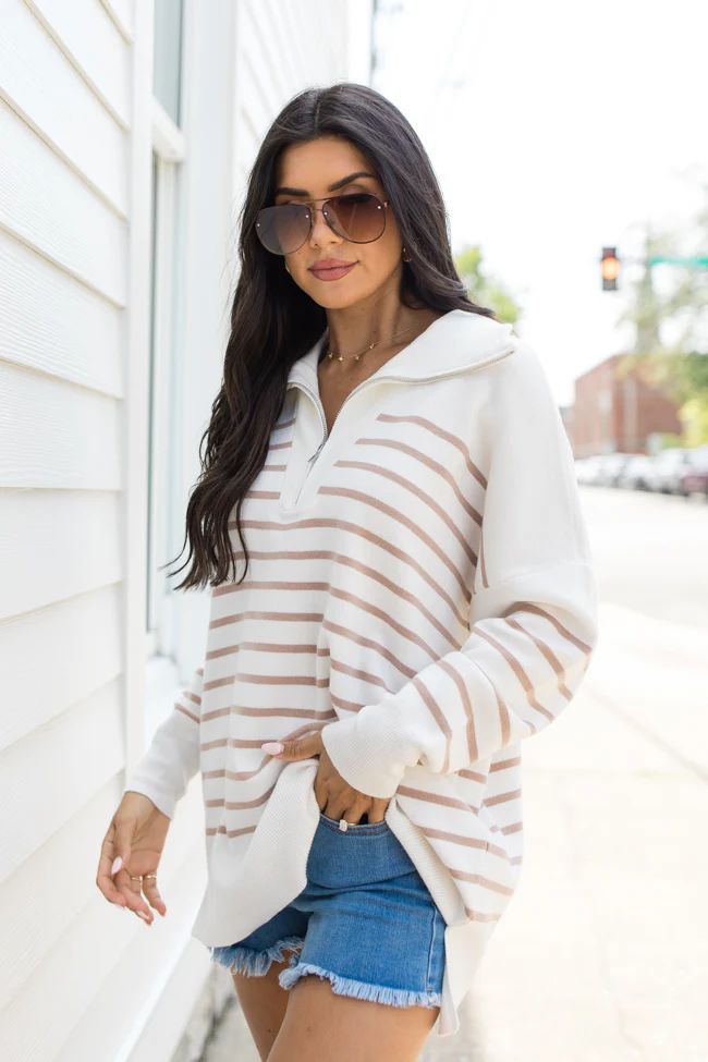 Pulling Heartstrings Ivory And Tan Striped Quarter Zip Pullover | Pink Lily