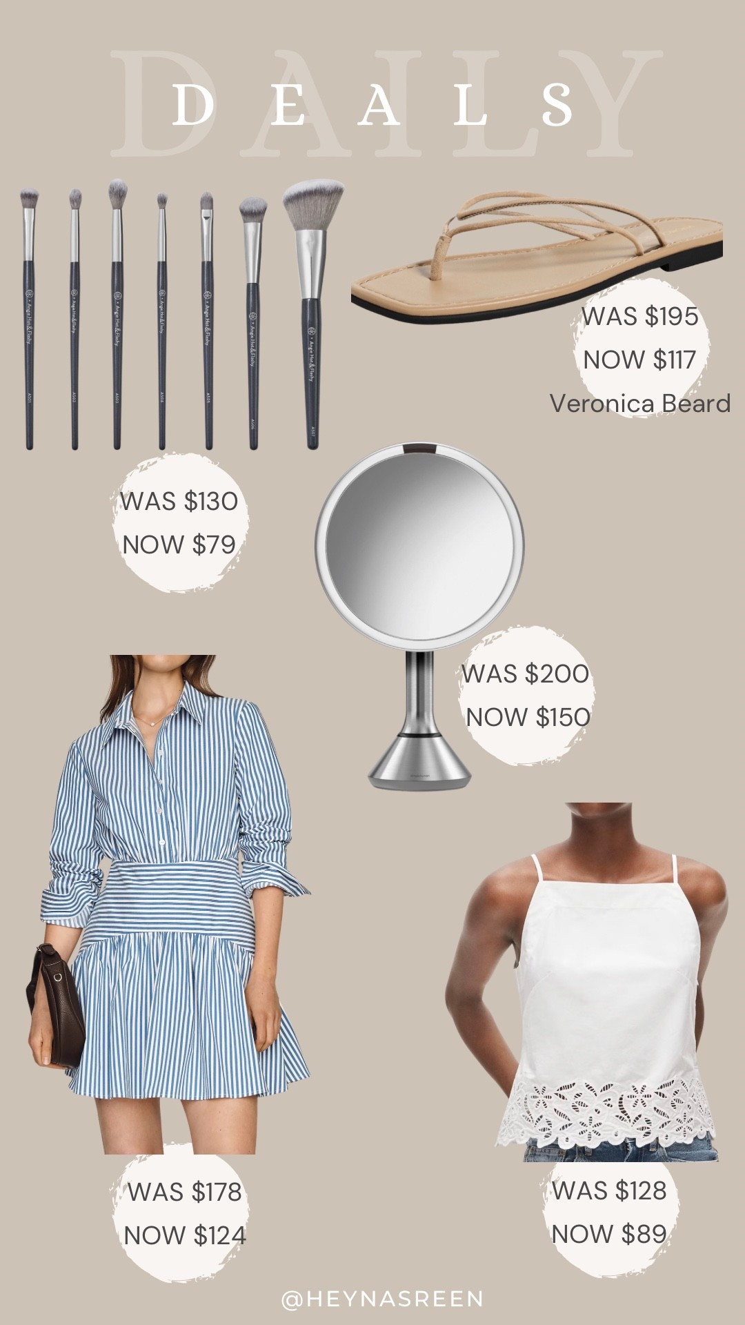 Daily deals on BK beauty travel brush set, Veronica Beard sandals, Simple Human mirror, J.Crew top, Anthropologie dress