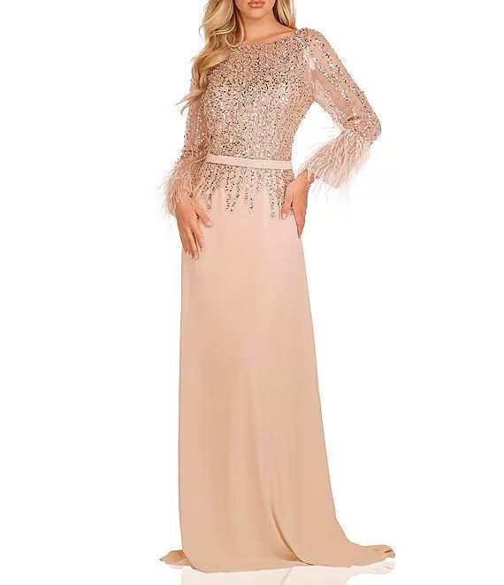 Terani Couture Beaded Boat Neck Feather Cuff Sleeve A-Line Gown | Dillard's | Dillard's