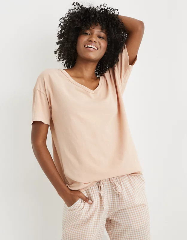 Aerie Distressed V-Neck Boyfriend T-Shirt | American Eagle Outfitters (US & CA)