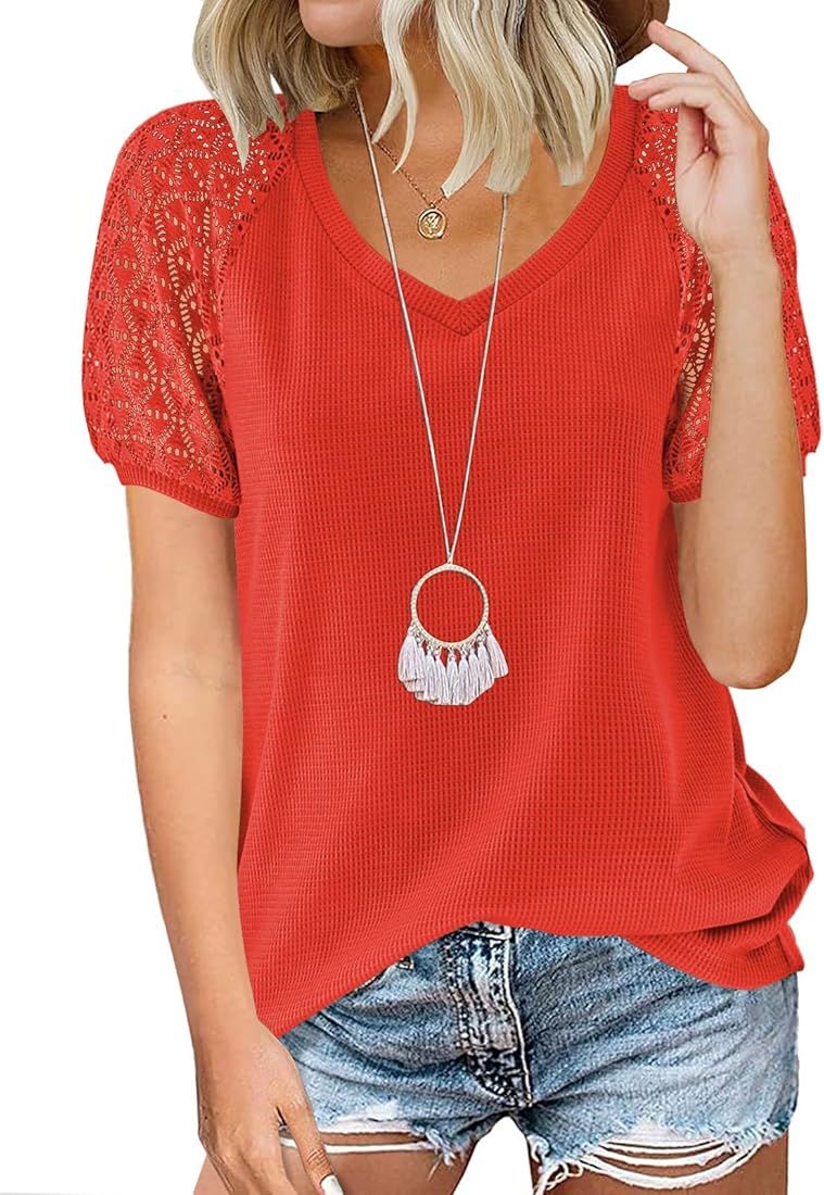 MEROKEETY Women's Summer Lace Short Sleeve V Neck Tops Shirt Loose Casual Waffle Tee Blouse | Amazon (US)